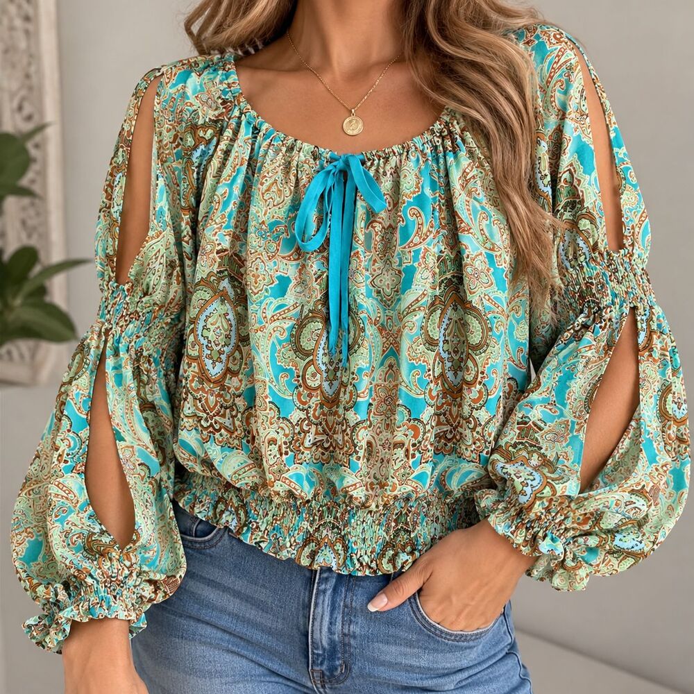 Cotton Express Womens M Turquoise Paisley Boho Peasant Blouse Balloon Sleeve Y2K
